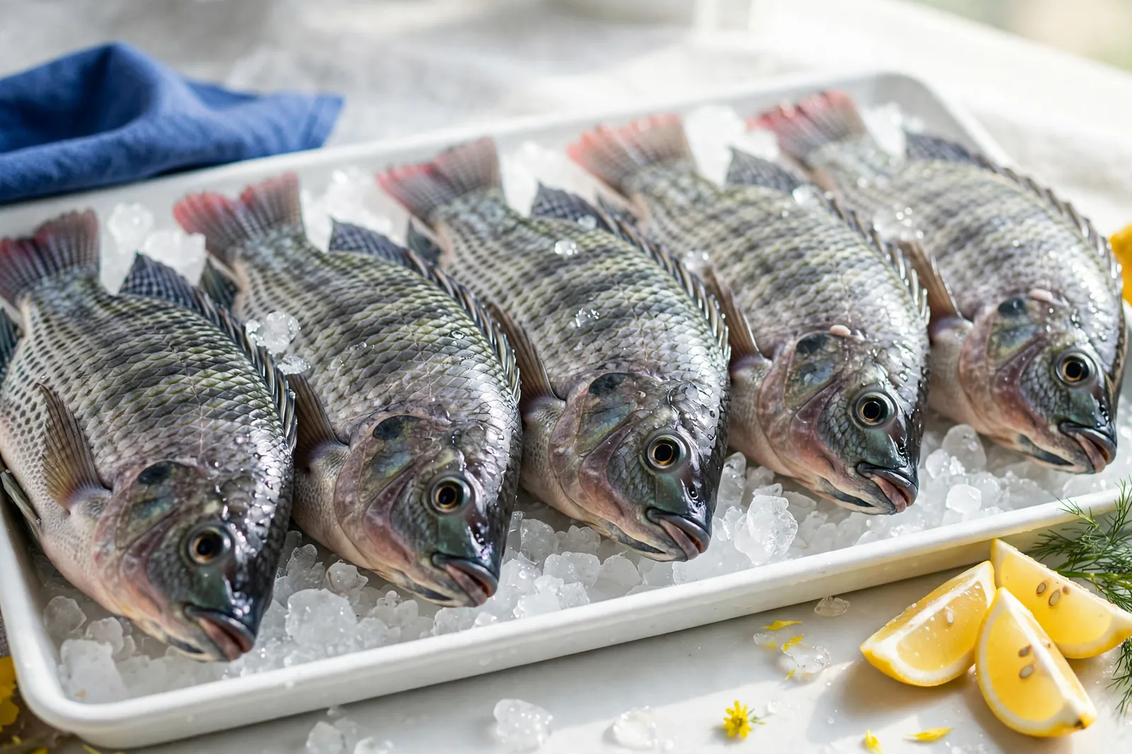Fresh tilapias on ice