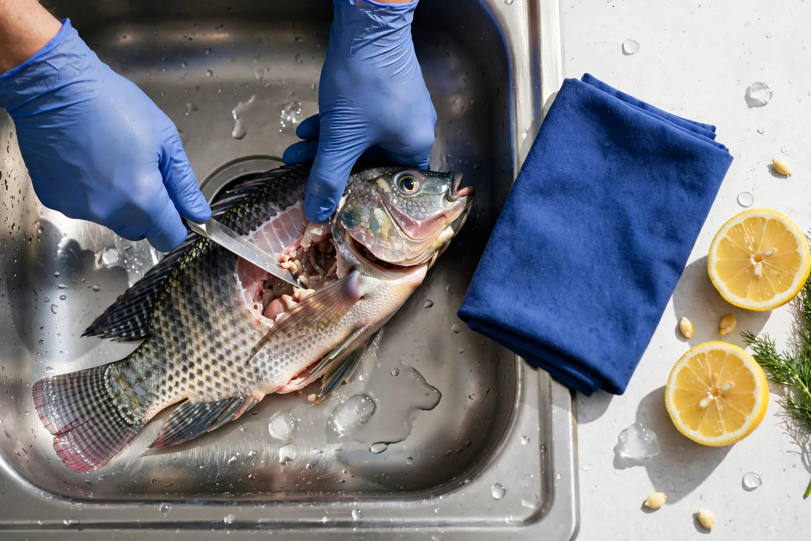 A tilapia being cleaned