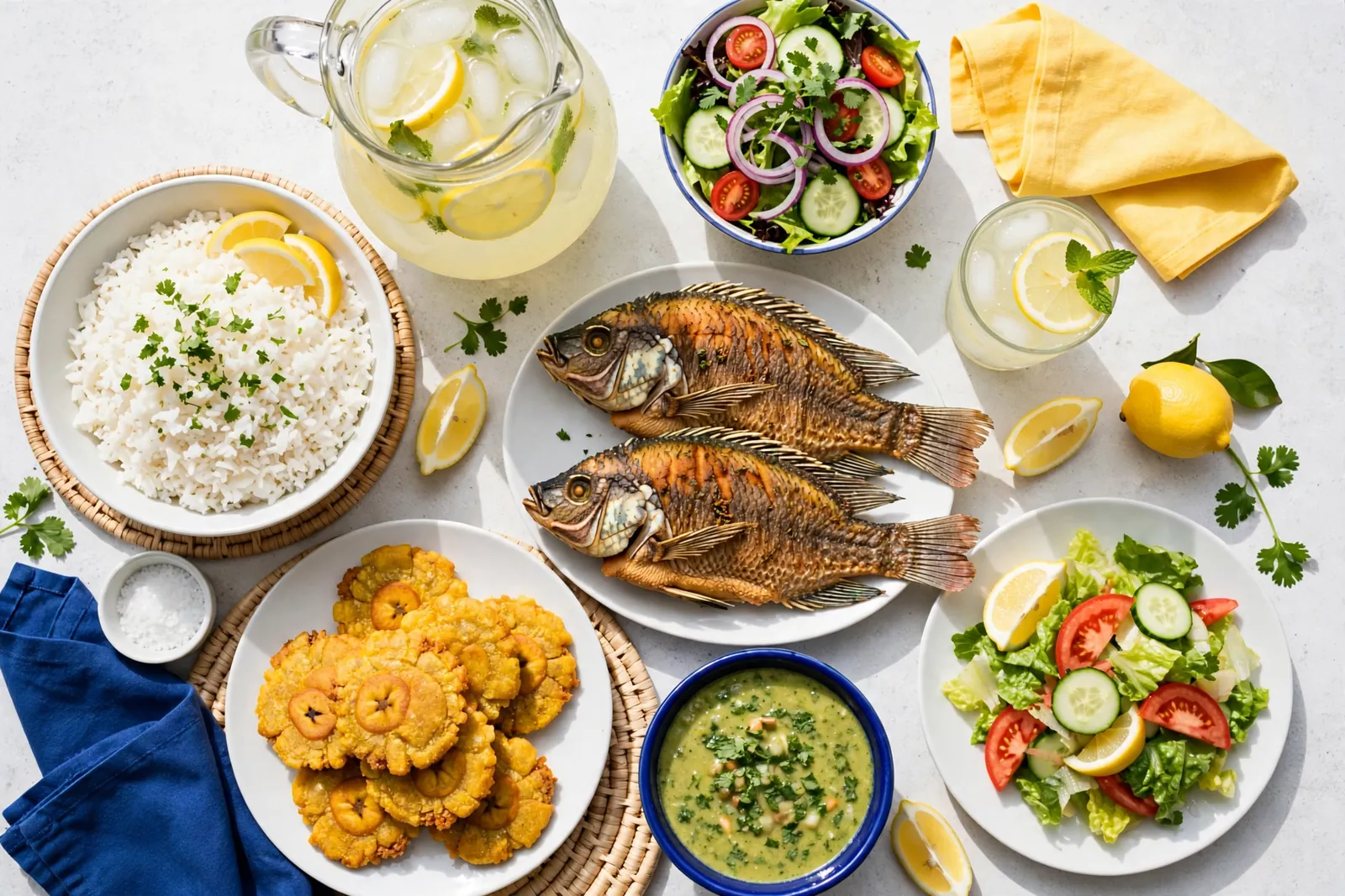 A family table with fish plates